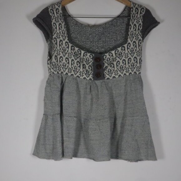 Free People Ladies Sweater Baby Doll Wool Blend Short Sleeve S/P Ruffles Gray - Picture 1 of 15